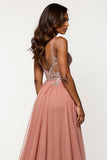 Tulle V-Neck Long Dusty Rose A Line Prom Dress with Sequins