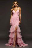 Ruched V-Neck Pink Mermaid Long Prom Dress with Slit