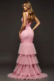 Ruched V-Neck Pink Mermaid Long Prom Dress with Slit