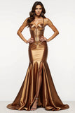 Brown Mermaid Metallic Corset Long Prom Dress with Slit