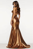 Brown Mermaid Metallic Corset Long Prom Dress with Slit