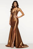 Brown Mermaid Metallic Corset Long Prom Dress with Slit