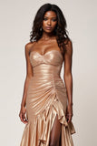 Sparkly Rose Gold Sweetheart Ruched Long Prom Dress with Slit