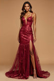 Sparkly Dark Red Mermaid Spaghetti Straps Long Prom Dress with Appliques