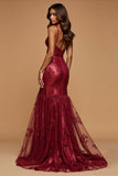 Sparkly Dark Red Mermaid Spaghetti Straps Long Prom Dress with Appliques
