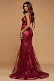Sparkly Dark Red Mermaid Spaghetti Straps Long Prom Dress with Appliques