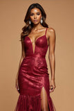 Sparkly Dark Red Mermaid Spaghetti Straps Long Prom Dress with Appliques