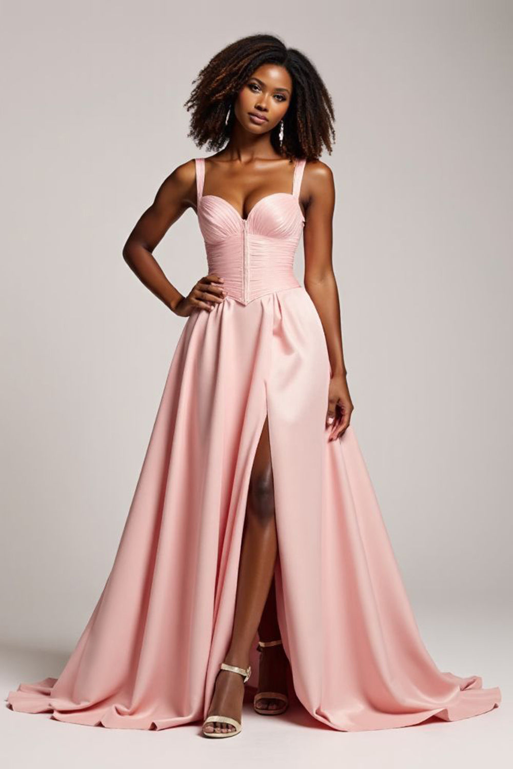Corset Blush Pink Satin A Line Long Prom Dress with Slit