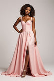 Corset Blush Pink Satin A Line Long Prom Dress with Slit