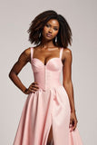 Corset Blush Pink Satin A Line Long Prom Dress with Slit