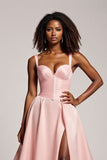 Corset Blush Pink Satin A Line Long Prom Dress with Slit