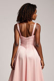 Corset Blush Pink Satin A Line Long Prom Dress with Slit