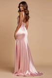 Blush Pink Mermaid Sheath V-Neck Long Prom Dress with Slit