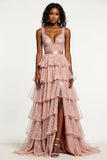 Sparkly Dusty Rose Tiered A Line Long Tulle Prom Dress with Slit