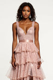 Sparkly Dusty Rose Tiered A Line Long Tulle Prom Dress with Slit