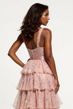 Sparkly Dusty Rose Tiered A Line Long Tulle Prom Dress with Slit