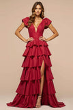 Elegant Dark Red A Line Satin Long Prom Dress with Ruffles