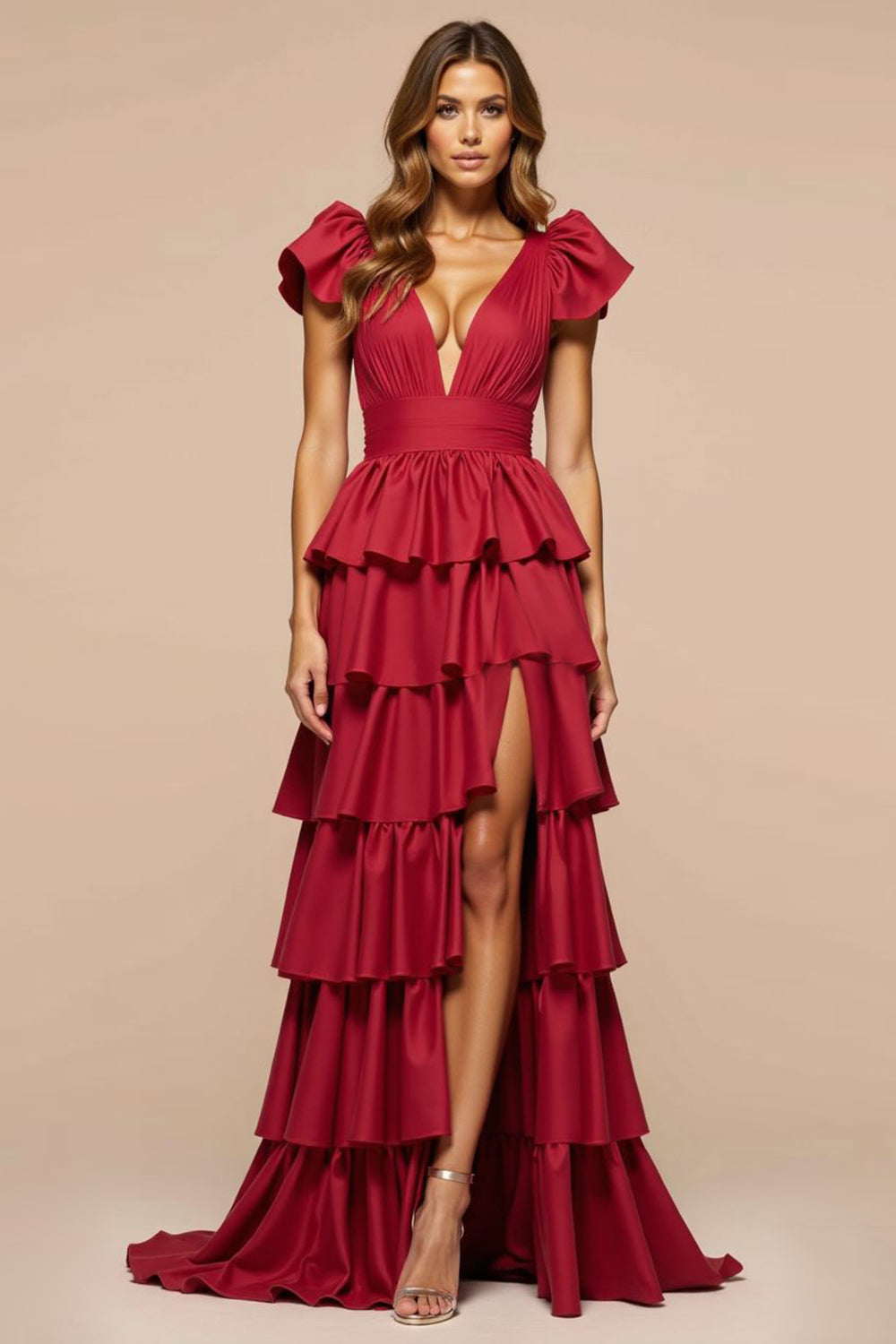 ZAPAKASA Women Dark Red A Line Satin Ruffled Prom Dress with Slit Deep V-Neck Backless Long Formal Dress ZAPAKASA Women Dark Red A Line Satin Ruffled Prom Dress with Slit Deep V-Neck Backless Long Formal Dress