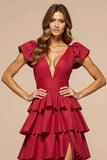 Elegant Dark Red A Line Satin Long Prom Dress with Ruffles