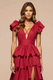 Elegant Dark Red A Line Satin Long Prom Dress with Ruffles