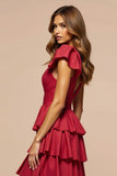 Elegant Dark Red A Line Satin Long Prom Dress with Ruffles