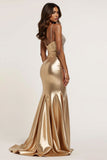 Appliqued Metallic Golden Mermaid Long Prom Dress with Slit