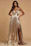 A Line Metallic Golden Pleated Long Prom Dress with Beading