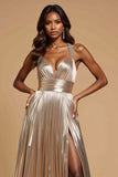 A Line Metallic Golden Pleated Long Prom Dress with Beading