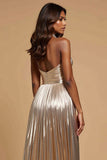 A Line Metallic Golden Pleated Long Prom Dress with Beading