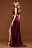 Purple A Line Velvet Pleated Deep V-Neck Long Prom Dress with Slit