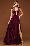 Purple A Line Velvet Pleated Deep V-Neck Long Prom Dress with Slit