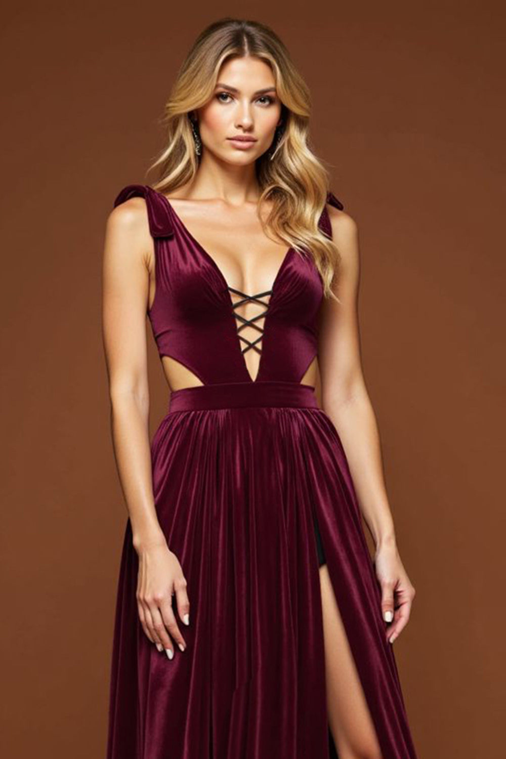 Purple A Line Velvet Pleated Deep V-Neck Long Prom Dress with Slit