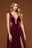 Purple A Line Velvet Pleated Deep V-Neck Long Prom Dress with Slit