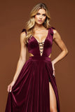 Purple A Line Velvet Pleated Deep V-Neck Long Prom Dress with Slit