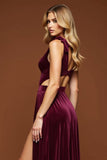Purple A Line Velvet Pleated Deep V-Neck Long Prom Dress with Slit