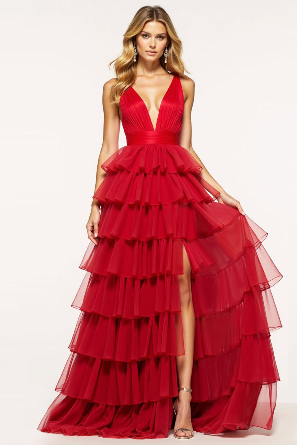Red A Line Tulle Deep V-Neck Long Tiered Prom Dress with Ruffles