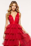 Red A Line Tulle Deep V-Neck Long Tiered Prom Dress with Ruffles