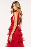 Red A Line Tulle Deep V-Neck Long Tiered Prom Dress with Ruffles