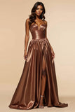 Corset Brown A Line Ruched Sweetheart Long Prom Dress with Silt