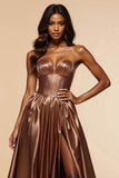 Corset Brown A Line Ruched Sweetheart Long Prom Dress with Silt