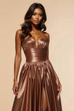 Corset Brown A Line Ruched Sweetheart Long Prom Dress with Silt