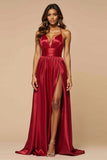 Dark Red A Line Satin Pleated Long Prom Dress with Slit