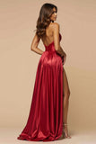 Dark Red A Line Satin Pleated Long Prom Dress with Slit