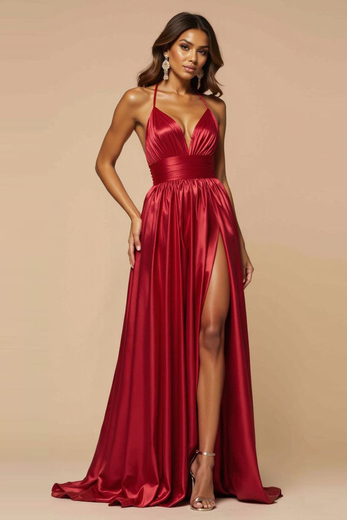 A-Line Halter keyhole Cutouts Red Satin Pleated Long Prom Dresses with Slit VK021412
