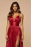 Dark Red A Line Satin Pleated Long Prom Dress with Slit