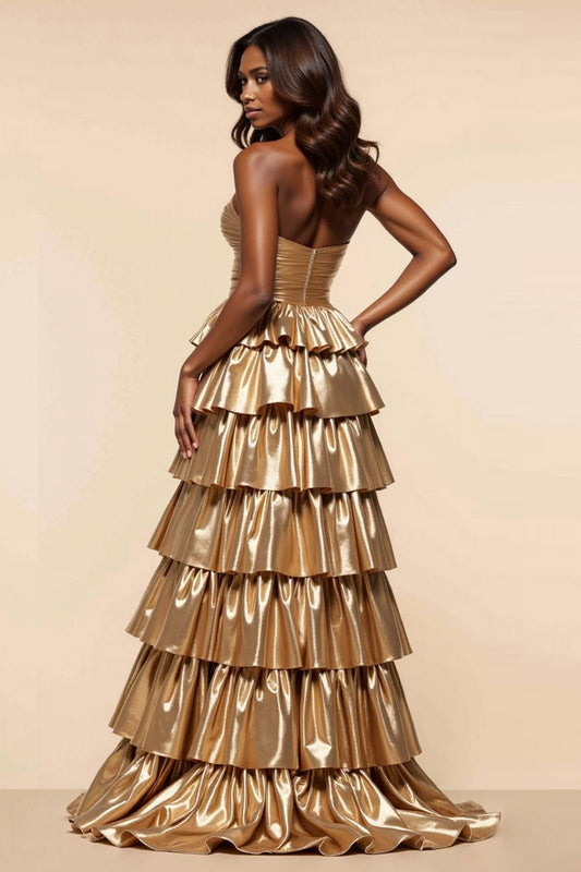 Golden A Line Tiered Sweetheart Long Satin Prom Dress with Slit