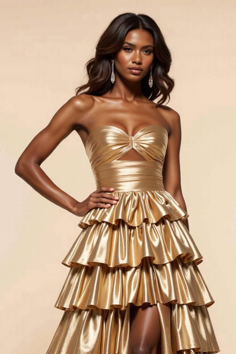 Golden A Line Tiered Sweetheart Long Satin Prom Dress with Slit