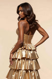 Golden A Line Tiered Sweetheart Long Satin Prom Dress with Slit