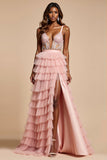 Corset Blush Pink A Line Tulle Tiered Long Prom Dress with Slit