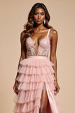 Corset Blush Pink A Line Tulle Tiered Long Prom Dress with Slit